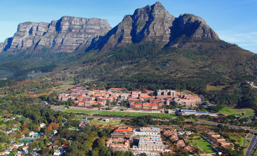The buildings of the University of Cape Town and surrounding landscape photographed from the air