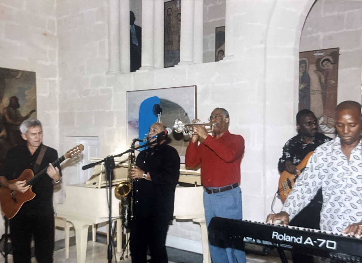 Sir David Simmons plays trumpet with friends at the Brazilian Embassy in Barbados in 2012