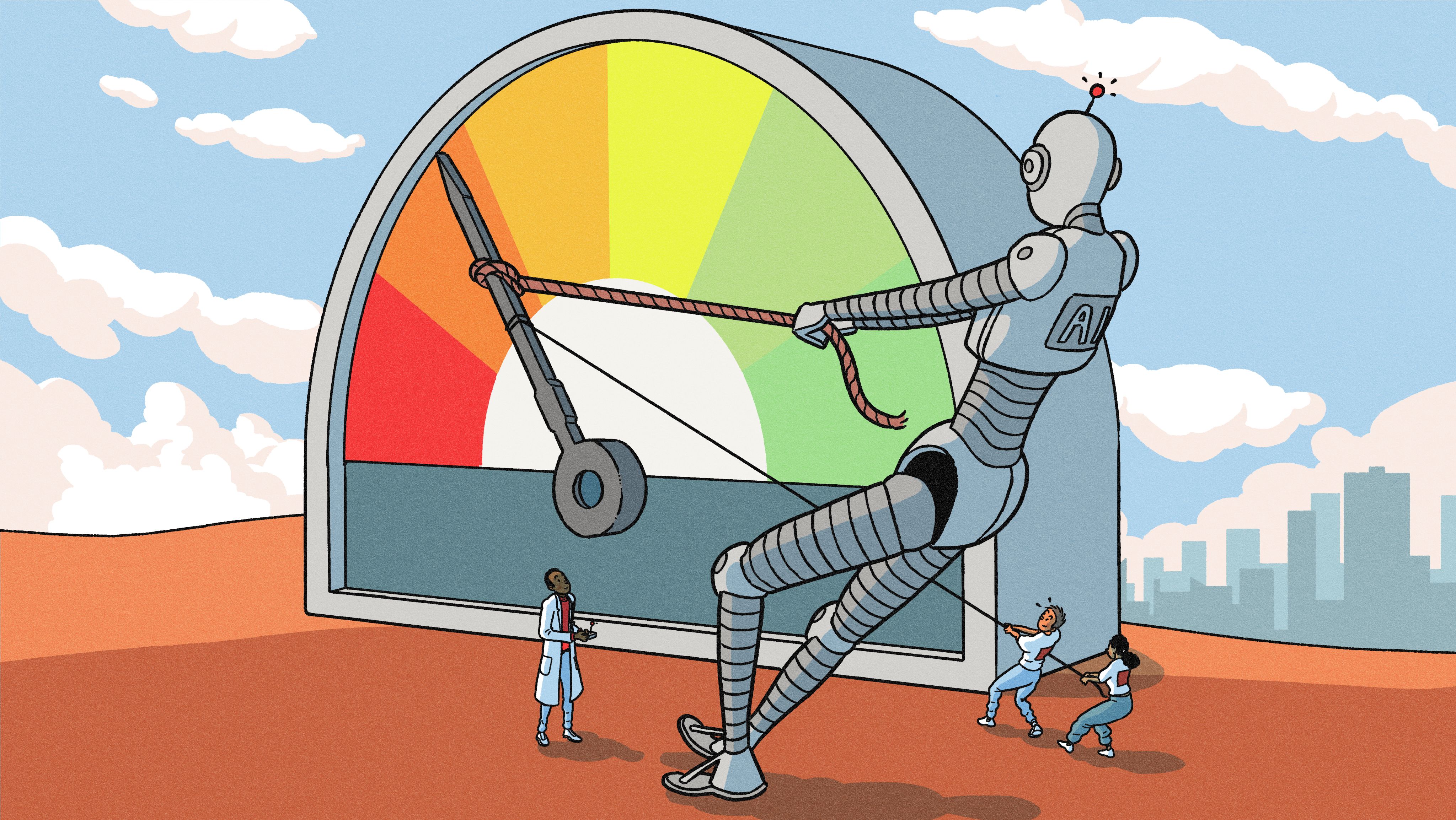 An illustration of humans and a alrge robot working together to move the dial of a large measuring device.