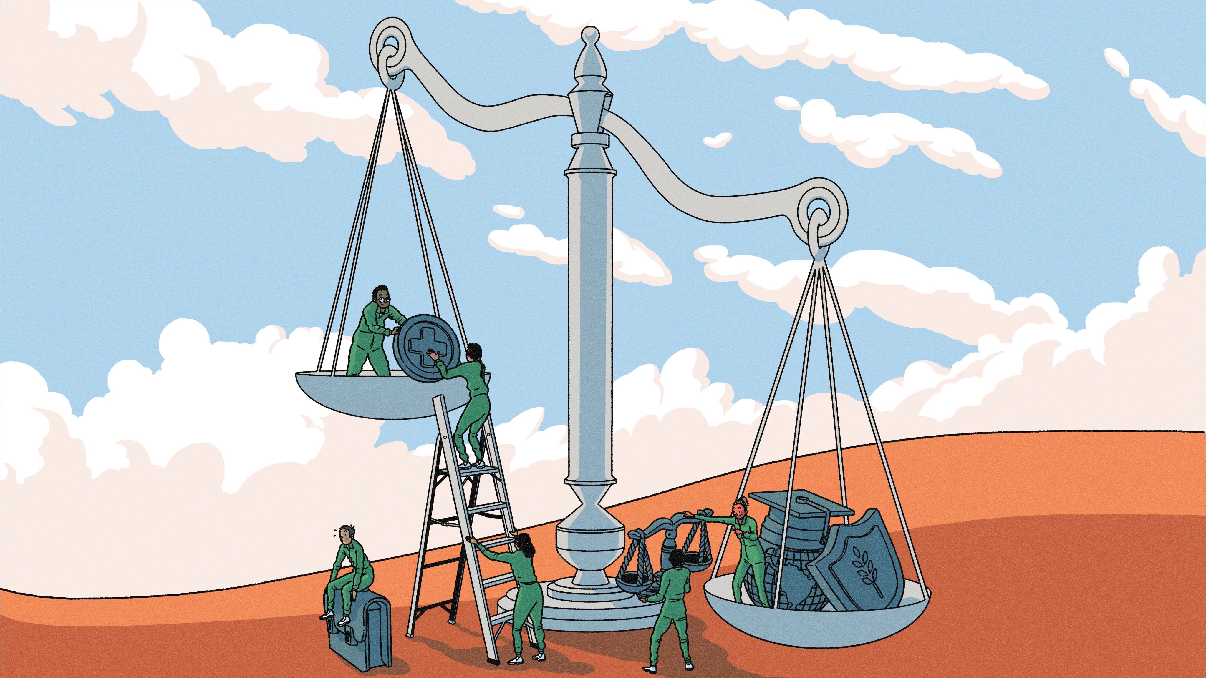 An illustration of people weighing various symbols on giant scales.