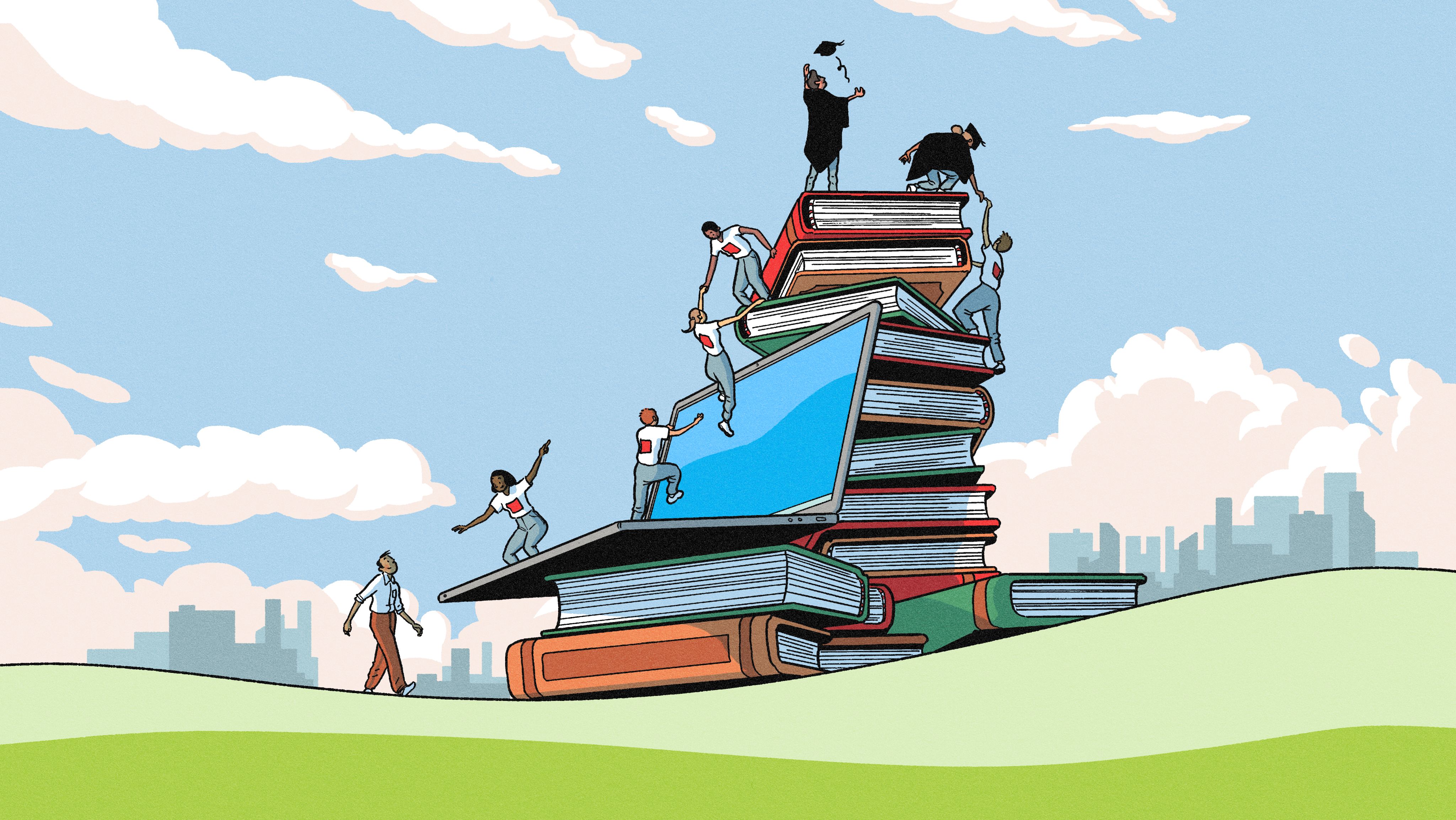 An illustration of students helping one another climb a mountain of books and computers.