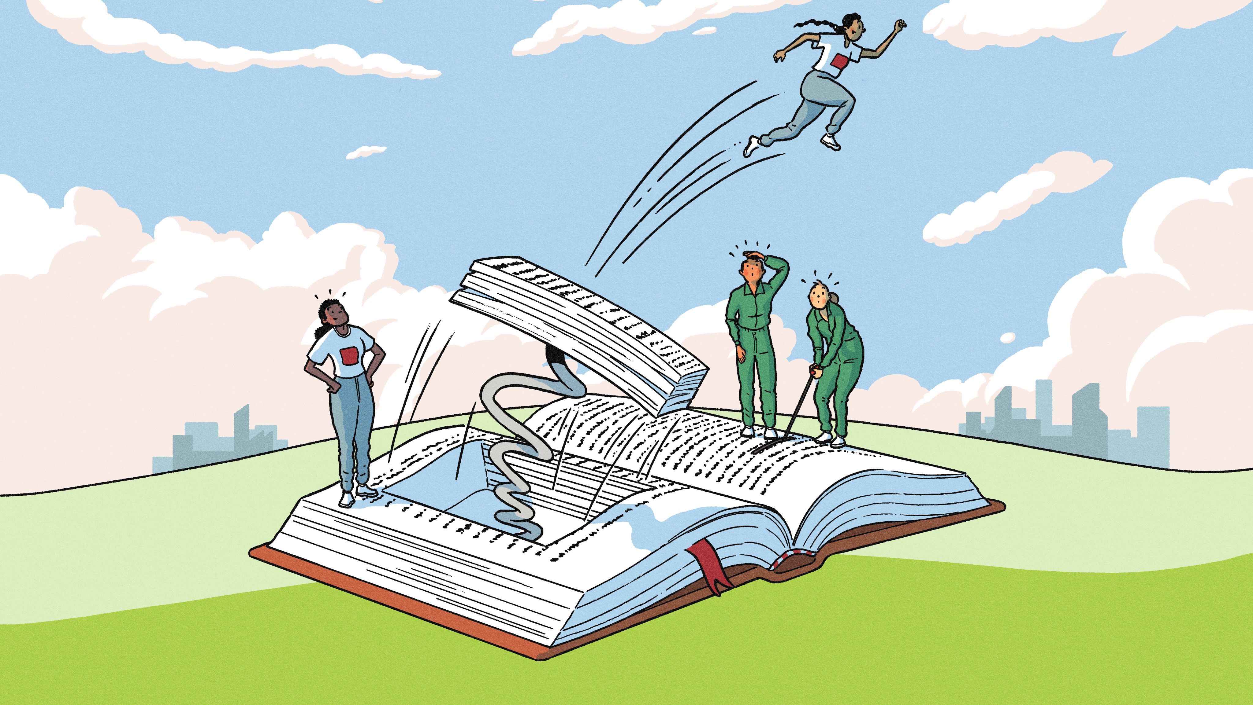 An illustration of a person being launched into the air by a large spring embedded in a giant book.