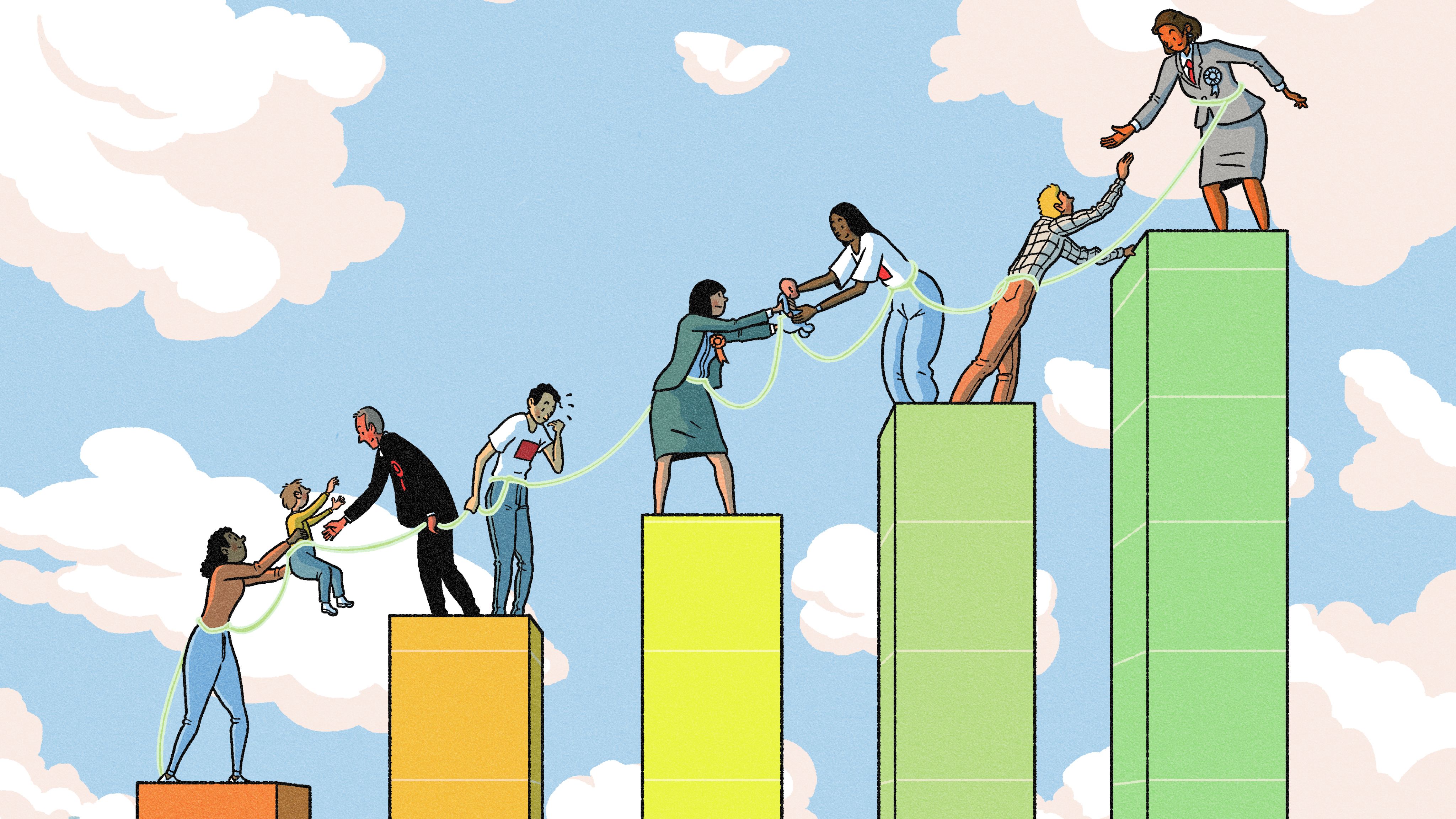An illustration of people helping one another move up the incremental steps of a giant bar graph.
