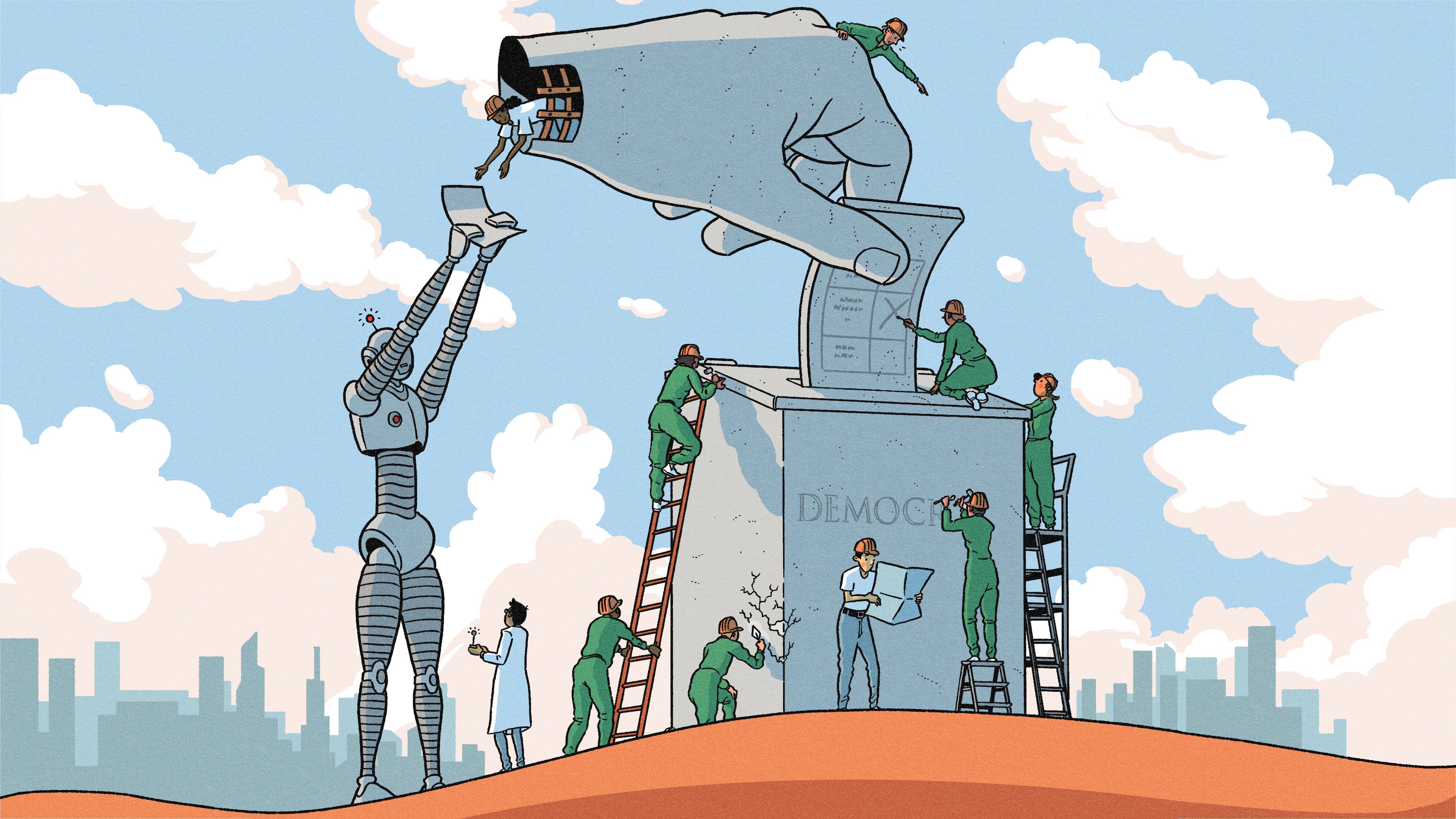 An illustrations of humans and a robot working together to repair a statue of a giant hand blacing a ballot into a ballot box.