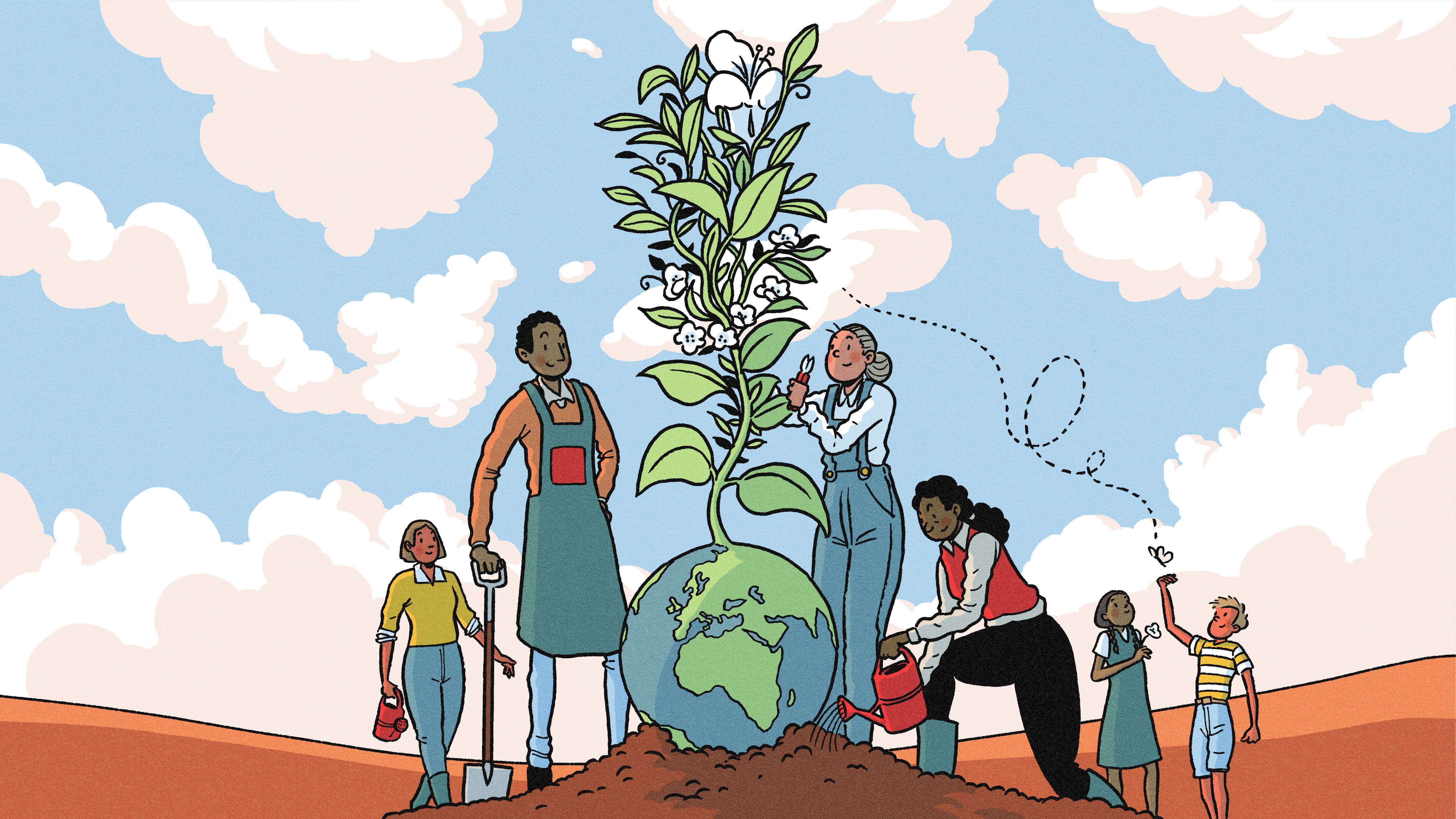 An illustration of people helping a large plant grow out of a representation of the planet Earth.