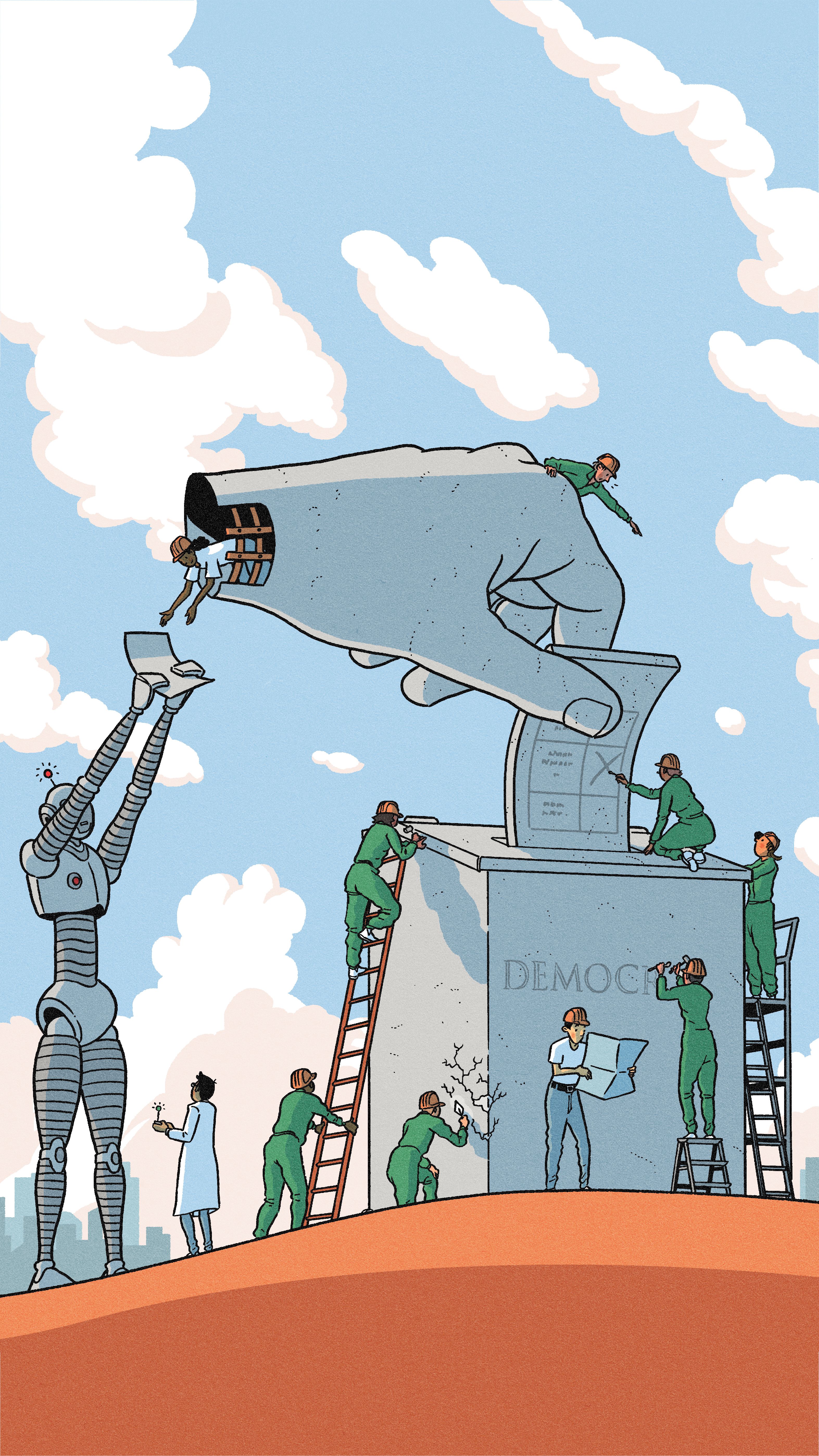 An illustrations of humans and a robot working together to repair a statue of a giant hand blacing a ballot into a ballot box.