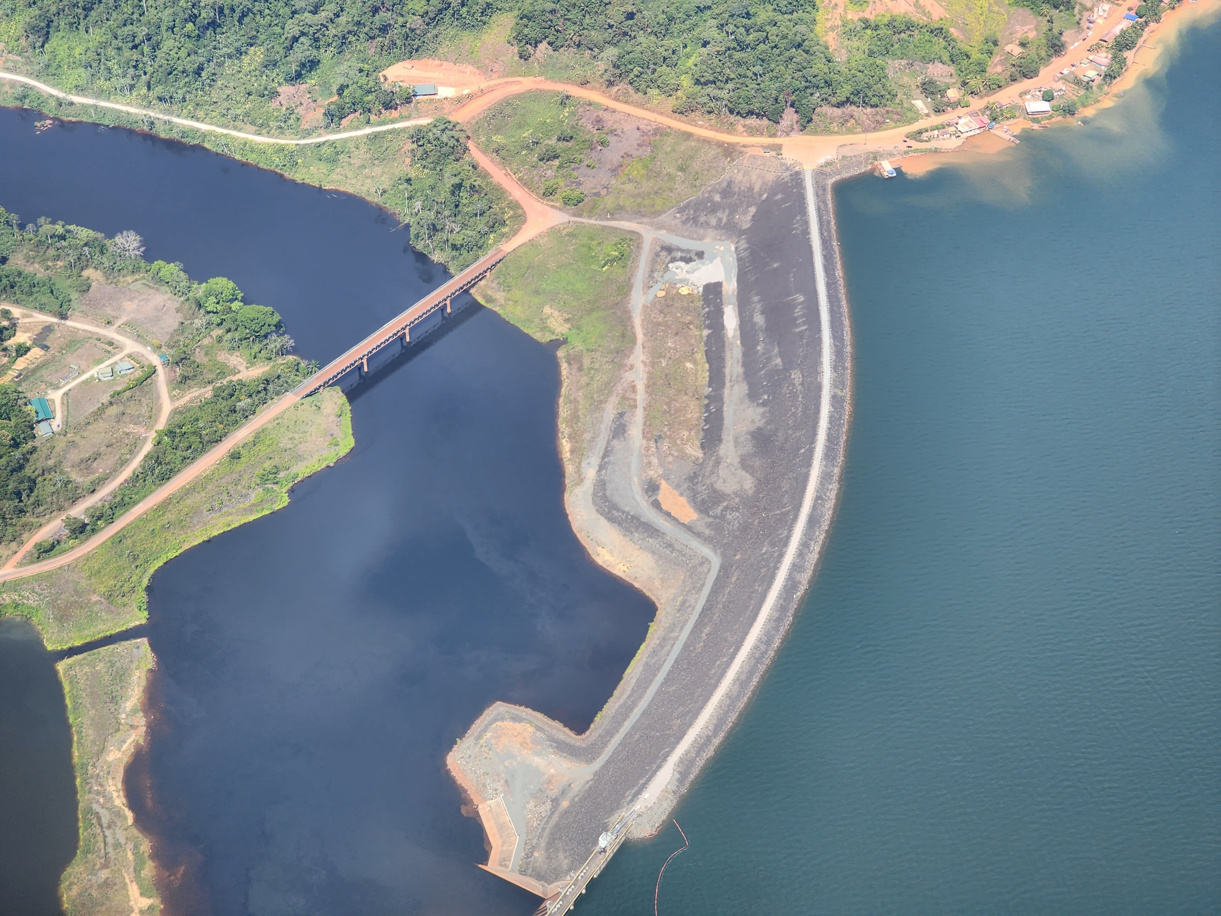 Birdseye view of the Afobaka Dam showing the Brokopondo reservoir