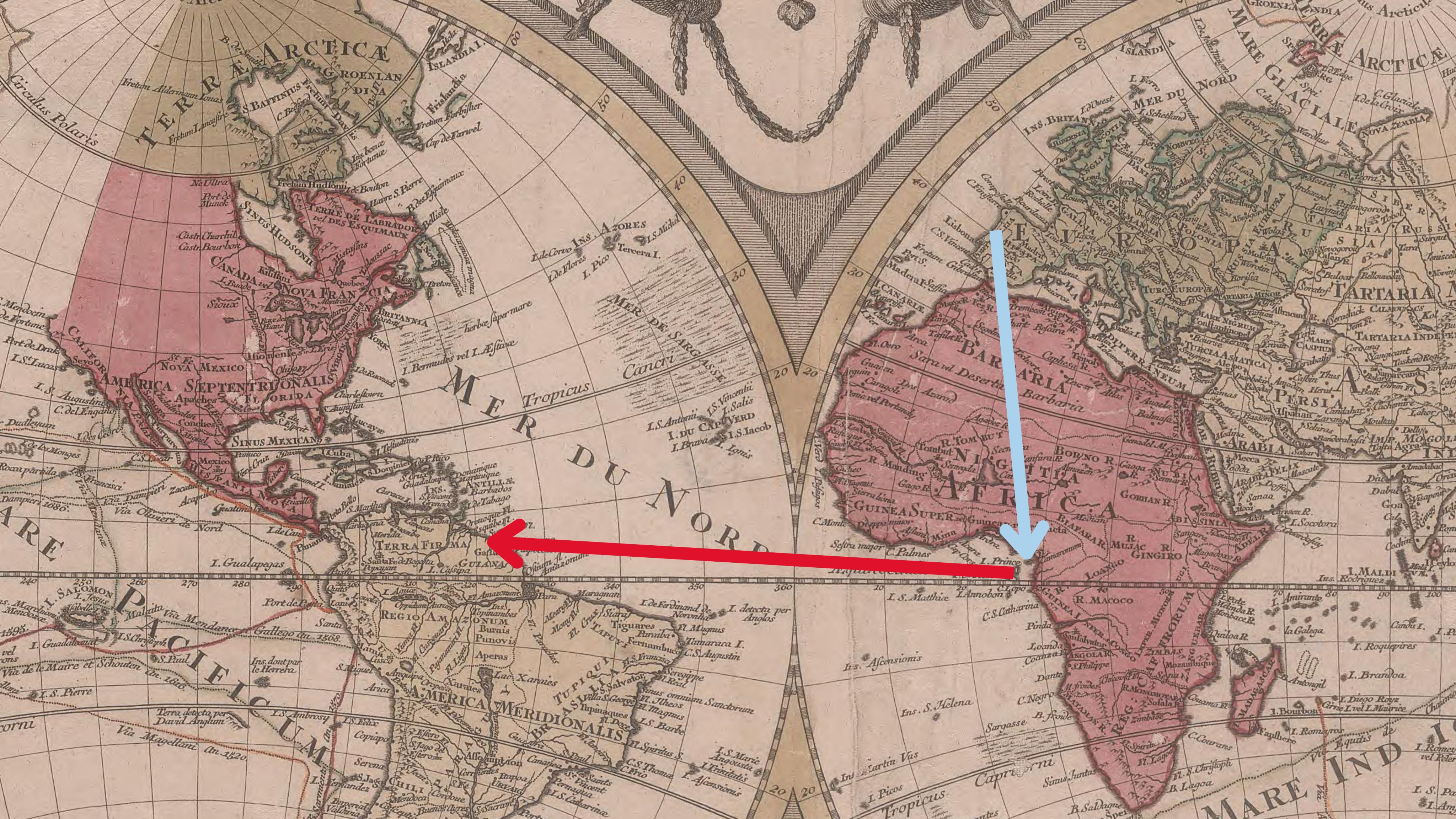1700s map with arrows showing trade from Europe to Africa and then Africa to the Americas