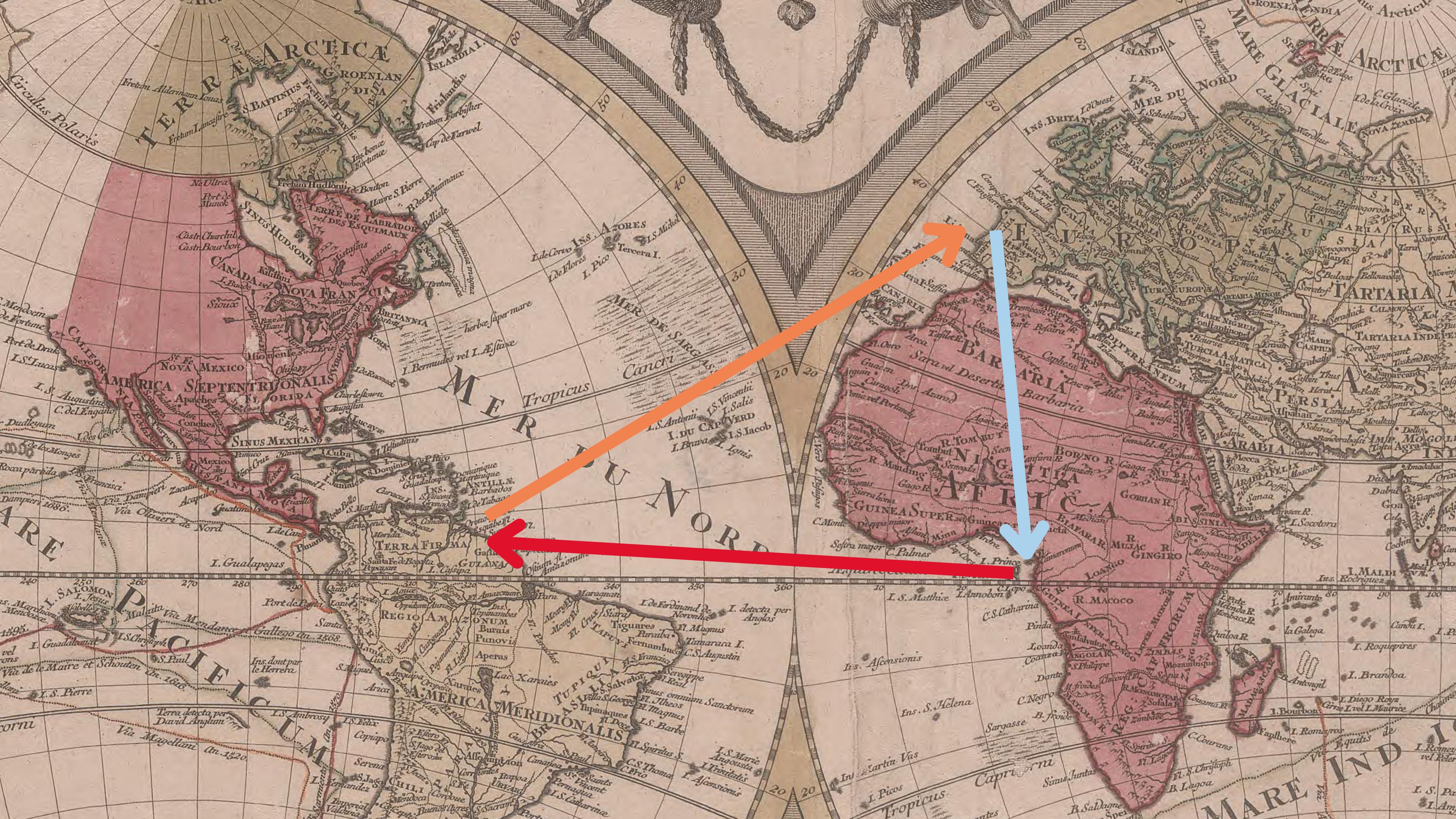 1700s map with arrows depicting the triangular trade networks in place during the Atlantic Slave Trade Era