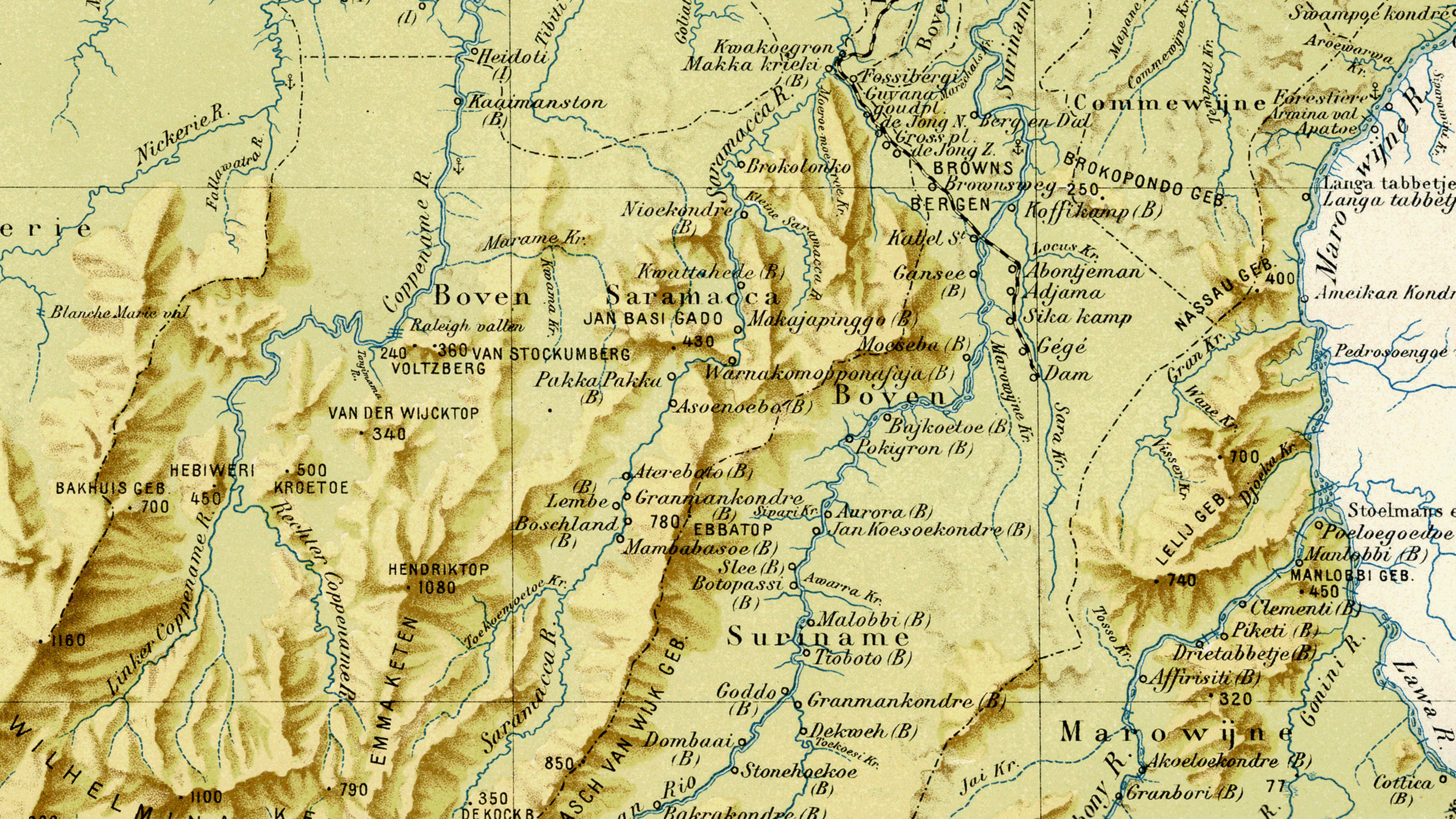 Suriname map showing river and mountain ranges in the Brokopondo region