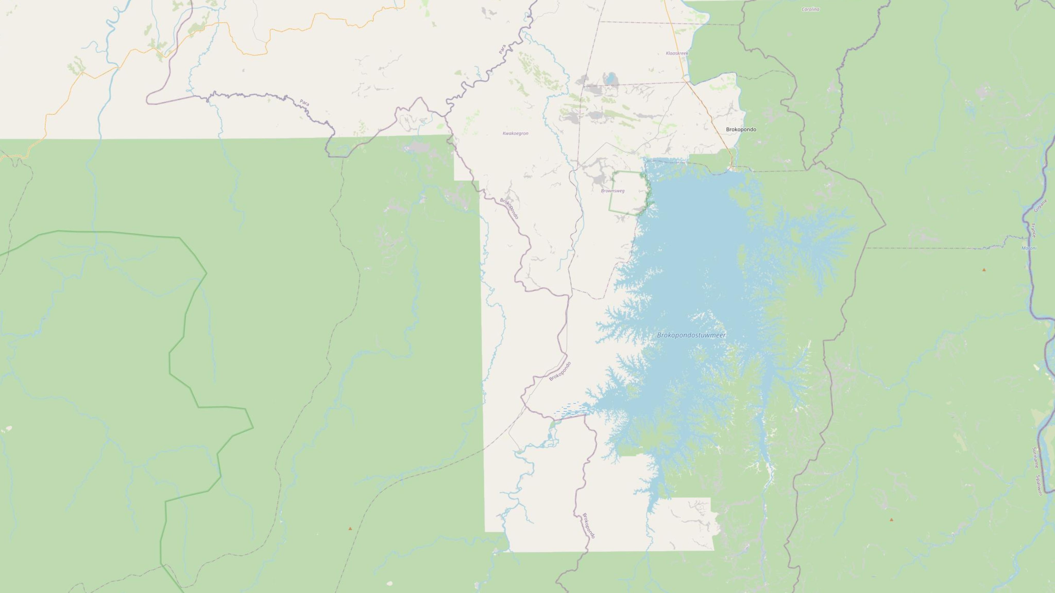 Satellite map showing the Brokopondo reservoir