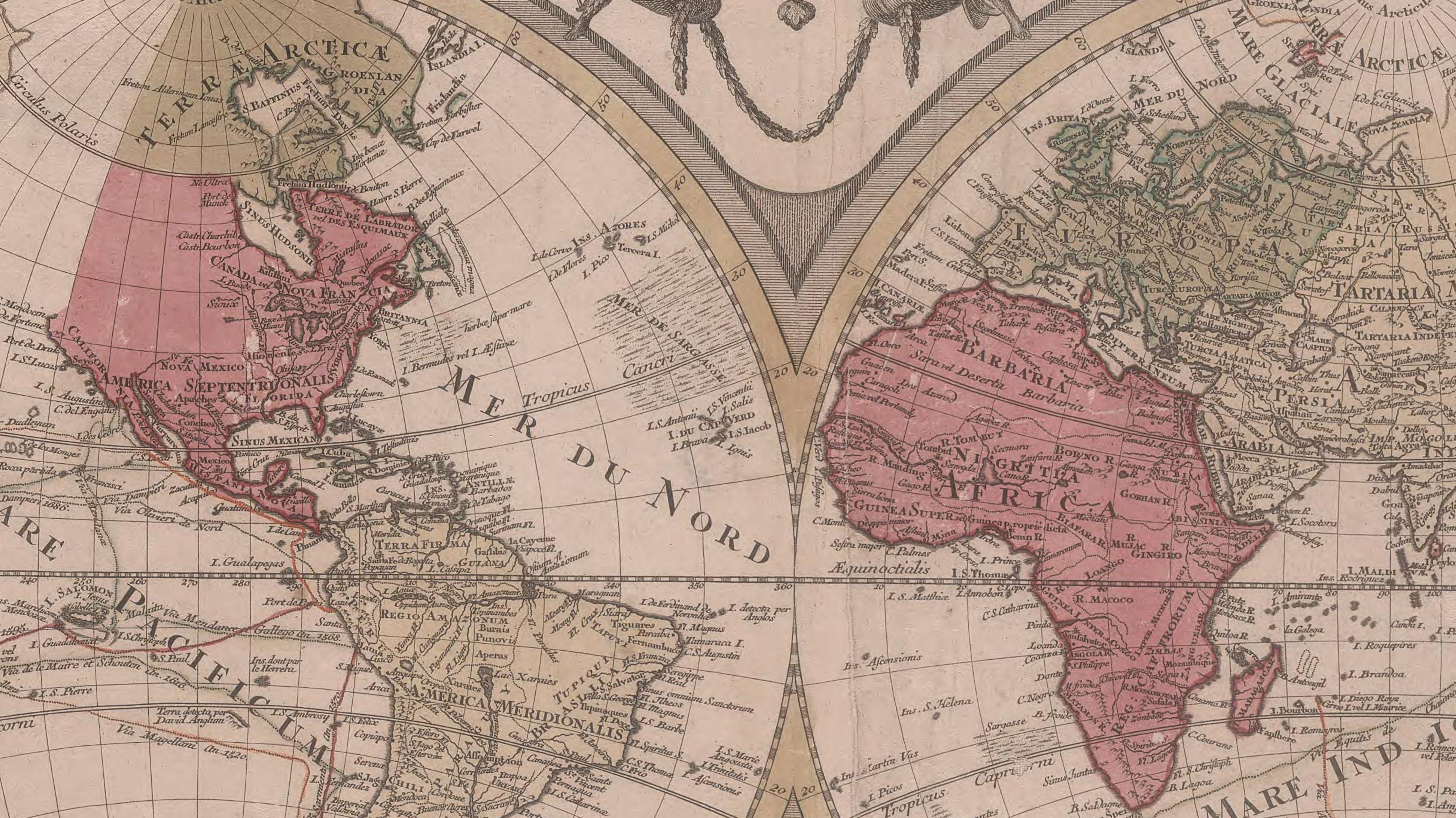 1700s map showing the continents of Europe, Africa, and America