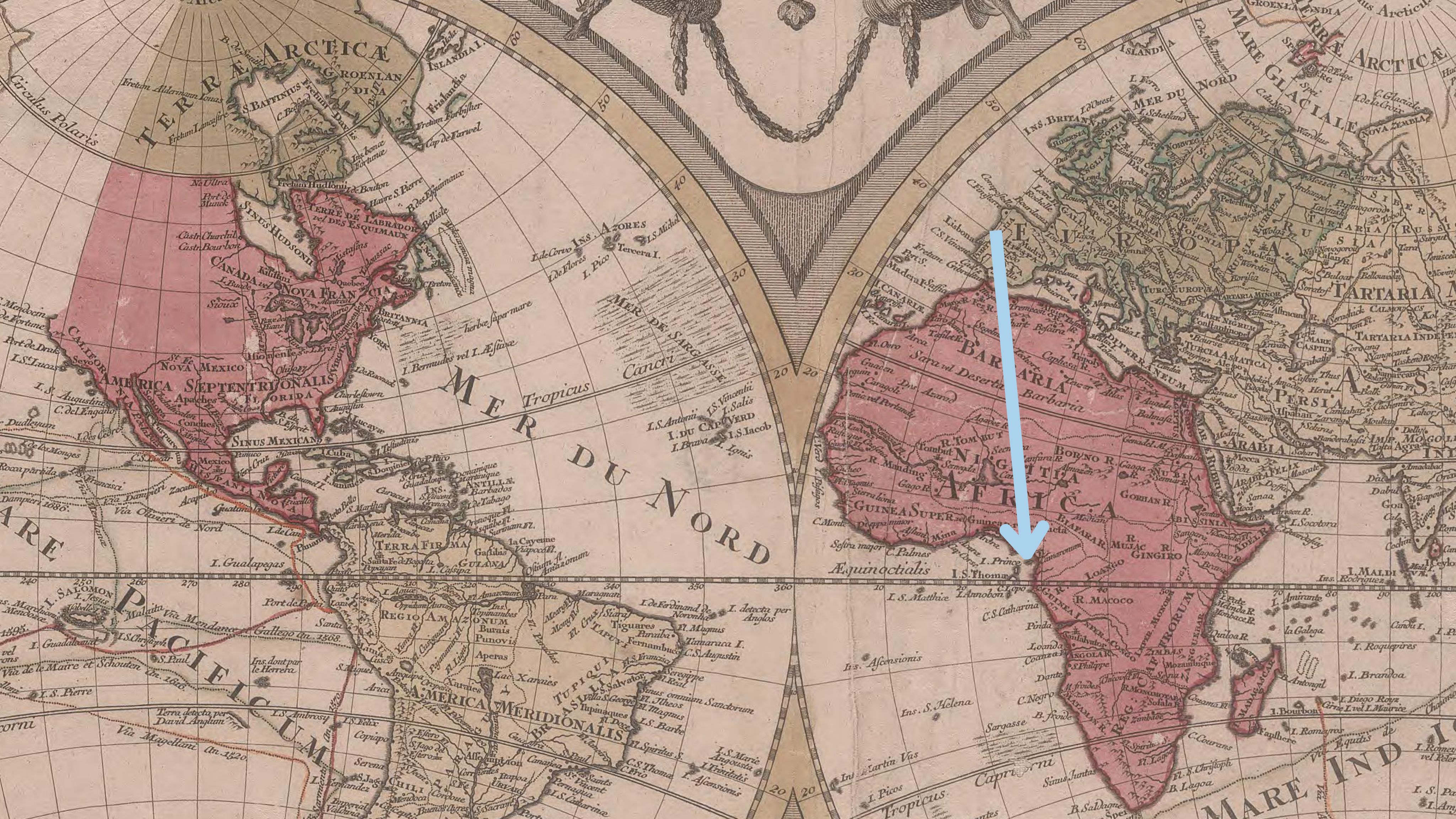 1700s map with a blue arrow showing trade from Europe to West Africa